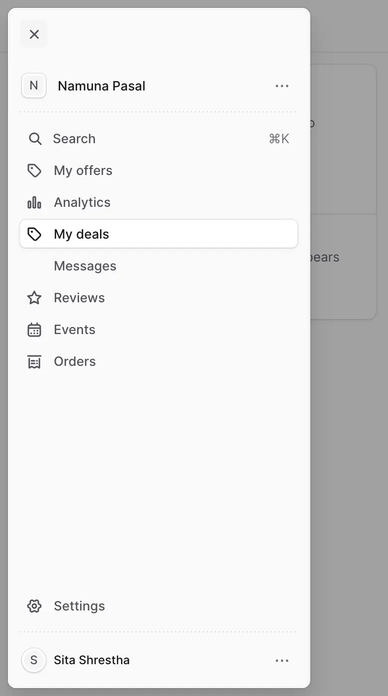 The open menu with My offers, Analytics, My deals, Messages, Reviews, Events, Orders and Settings.