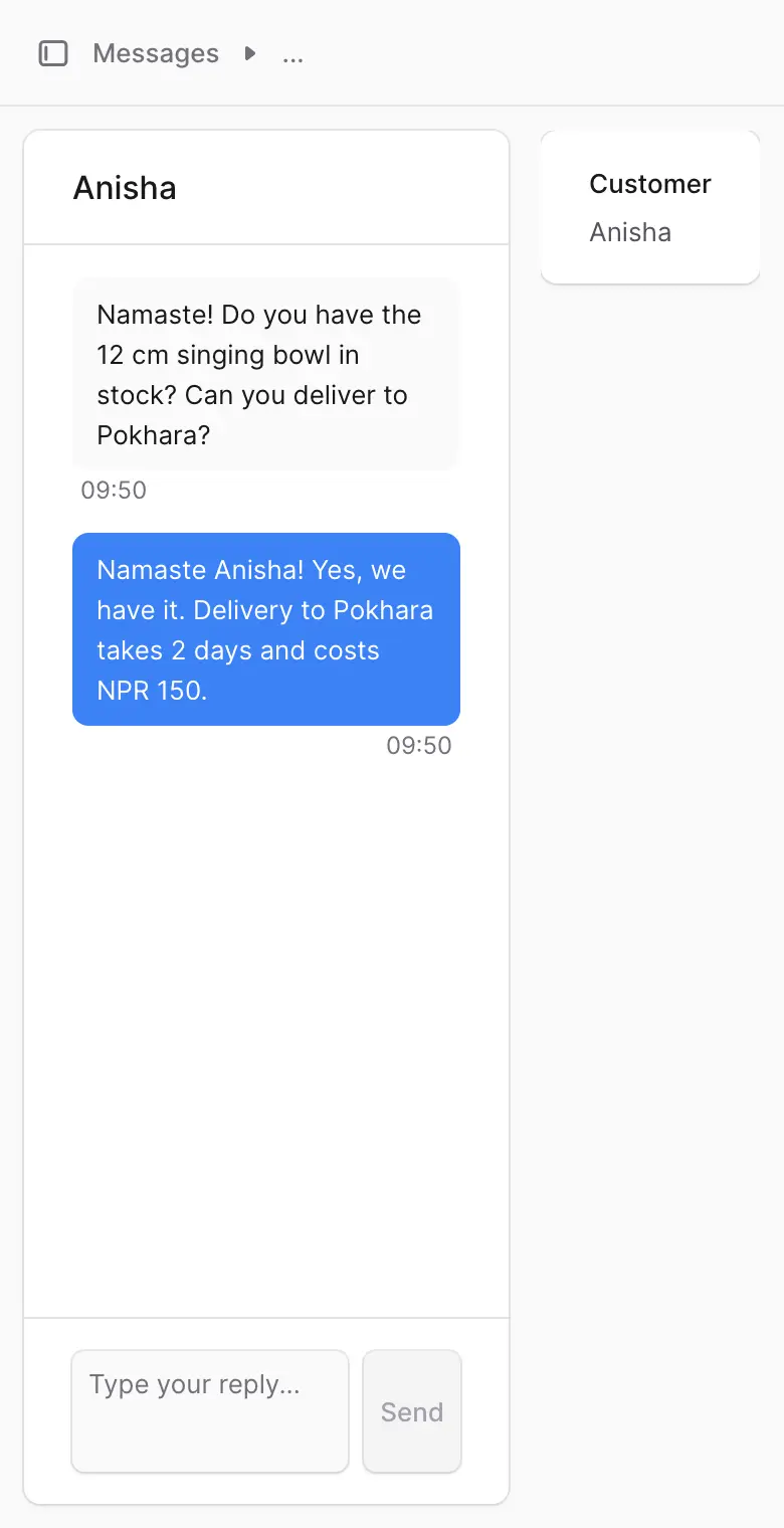 A conversation. The customer's question is on the left and the shop's answer is on the right in blue.