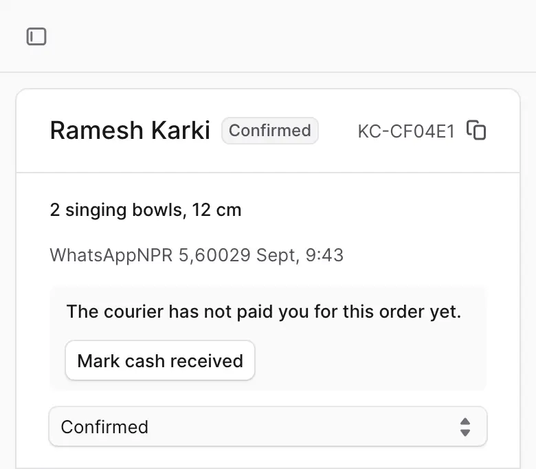 A cash on delivery order. It says the courier has not paid you yet and shows the Mark cash received button.