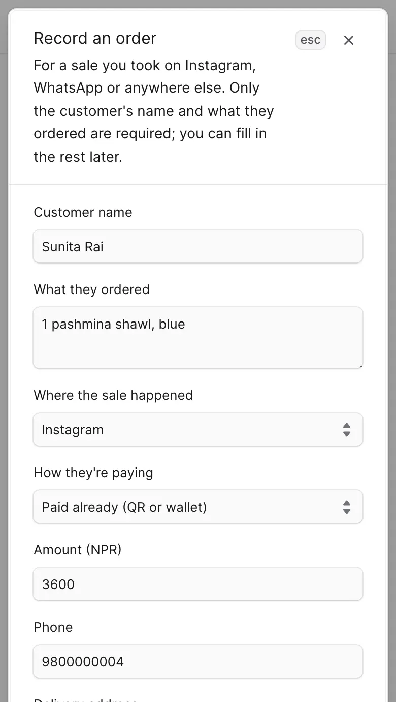 The Record an order form with the customer name, what they ordered, where the sale happened, how they are paying and the amount.