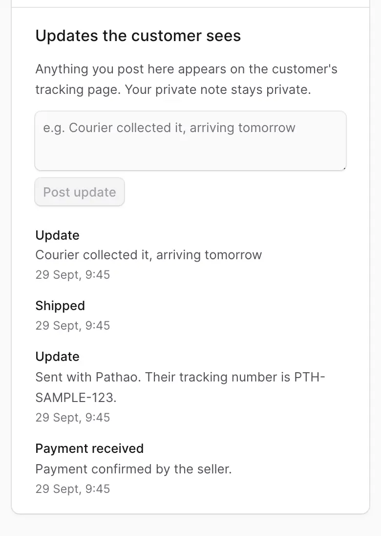 Updates the customer sees, with the box to write an update and the list of earlier updates.