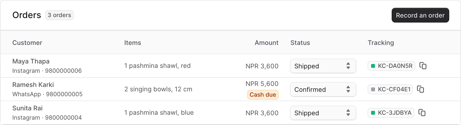 The Orders list with three orders. Each one has a status and a tracking code with a copy button.