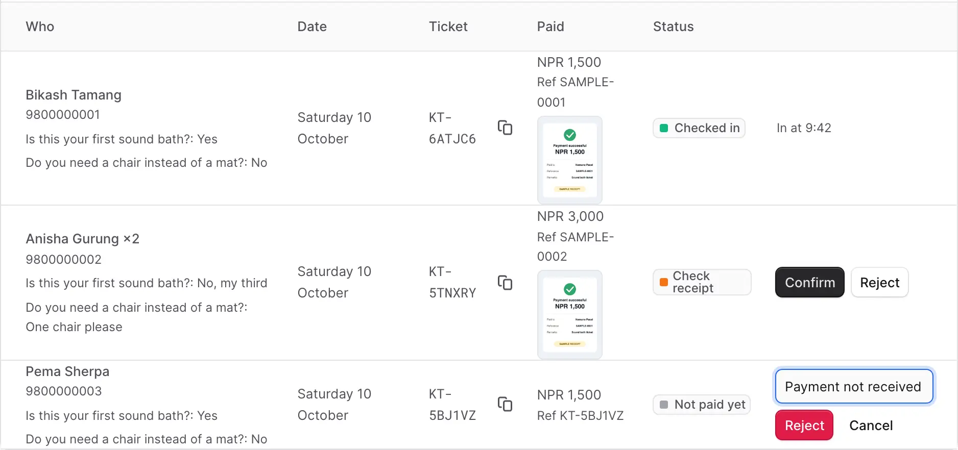 The same list later. One person is Checked in, one is Check receipt, and one is Not paid yet with a box to write the reason for rejecting.