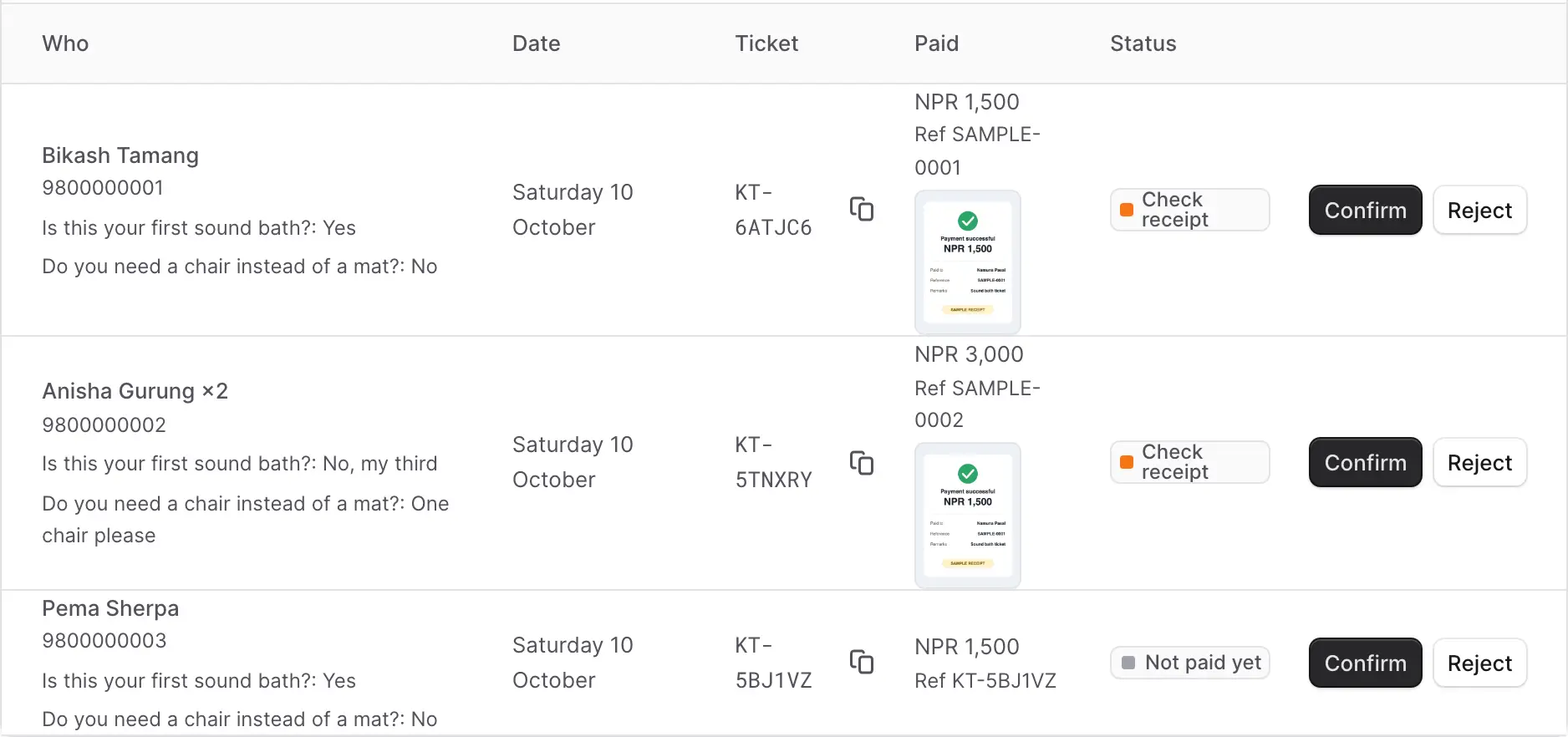 The list of people who booked. Two people have the status Check receipt, with a small picture of their receipt and the buttons Confirm and Reject.