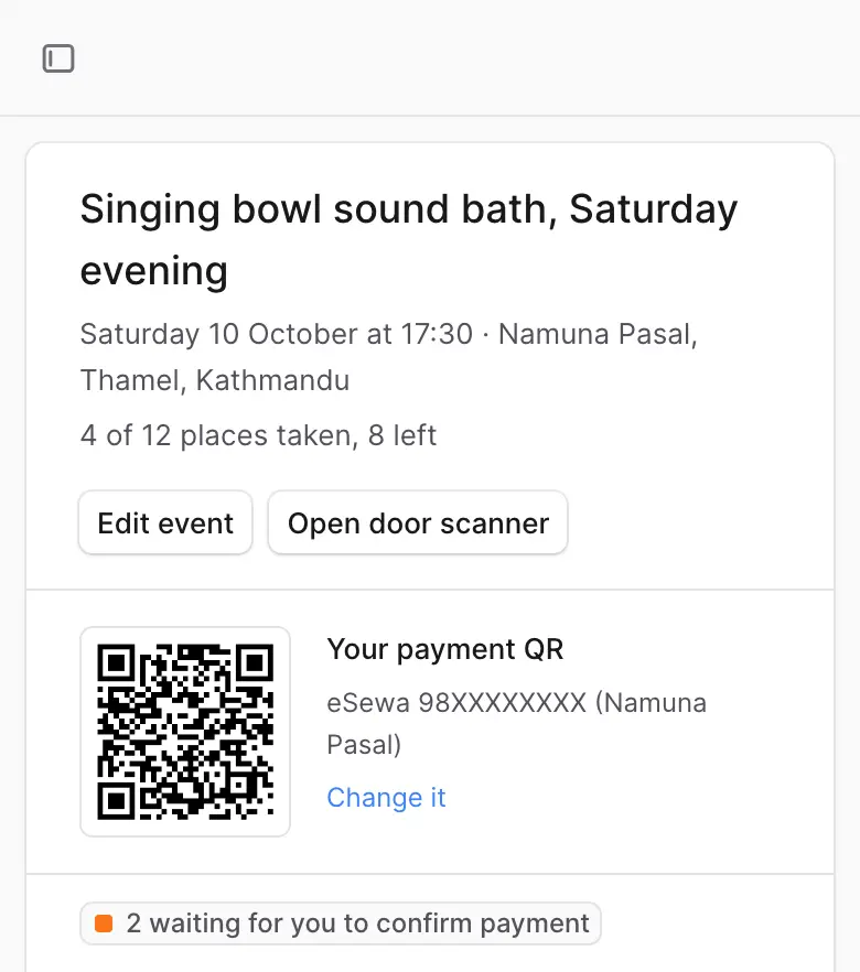 The top of an event page, with Edit event, Open door scanner, the payment QR, and a label that says 2 waiting for you to confirm payment.