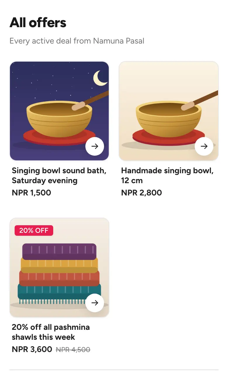 Two listings on kacrow.com. The singing bowl shows one price. The pashmina shawl deal shows the new price, the old price crossed out and 20% off.
