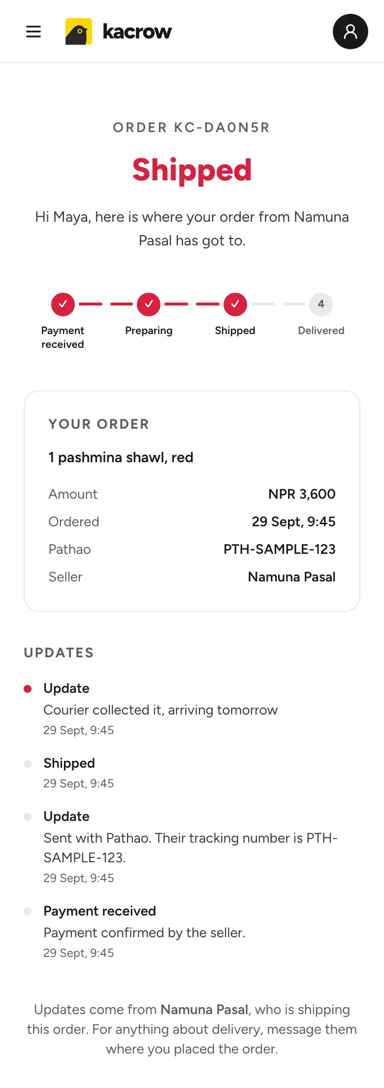 The tracking page a customer sees. The order is Shipped, with the courier name, the tracking number and the updates from the shop.