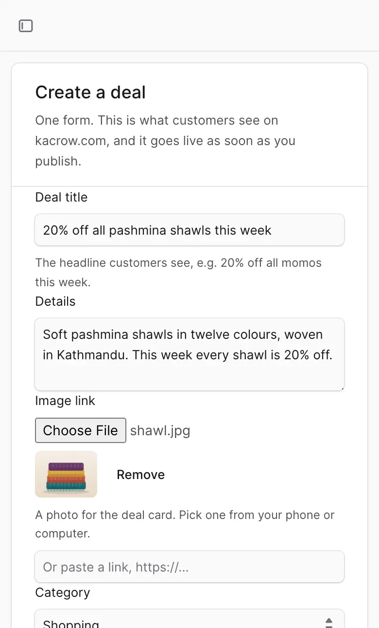 The top of the Create a deal form: Deal title, Details, the photo and Category.