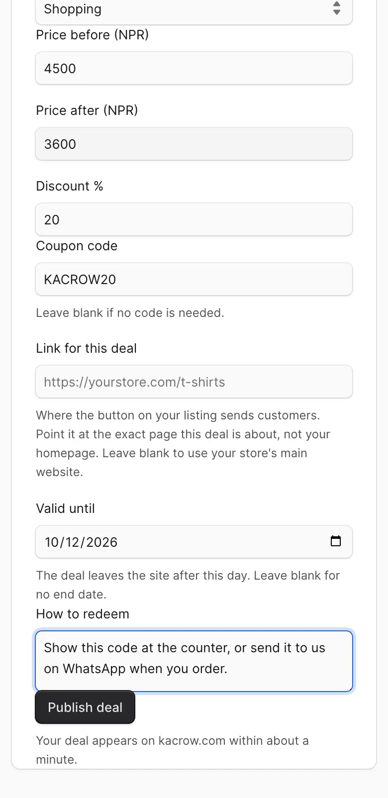 The rest of the form: Price before, Price after, Discount, Coupon code, Valid until, How to redeem and the Publish deal button.