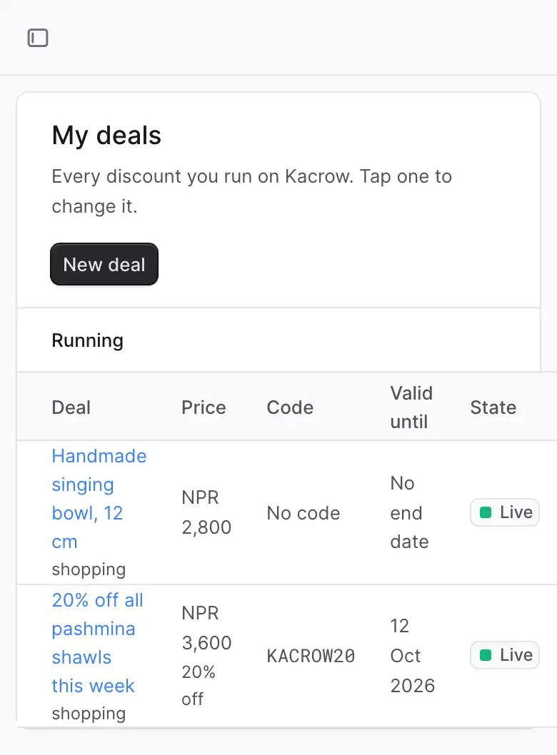 The My deals list with two listings under Running. Both show Live in the State column.
