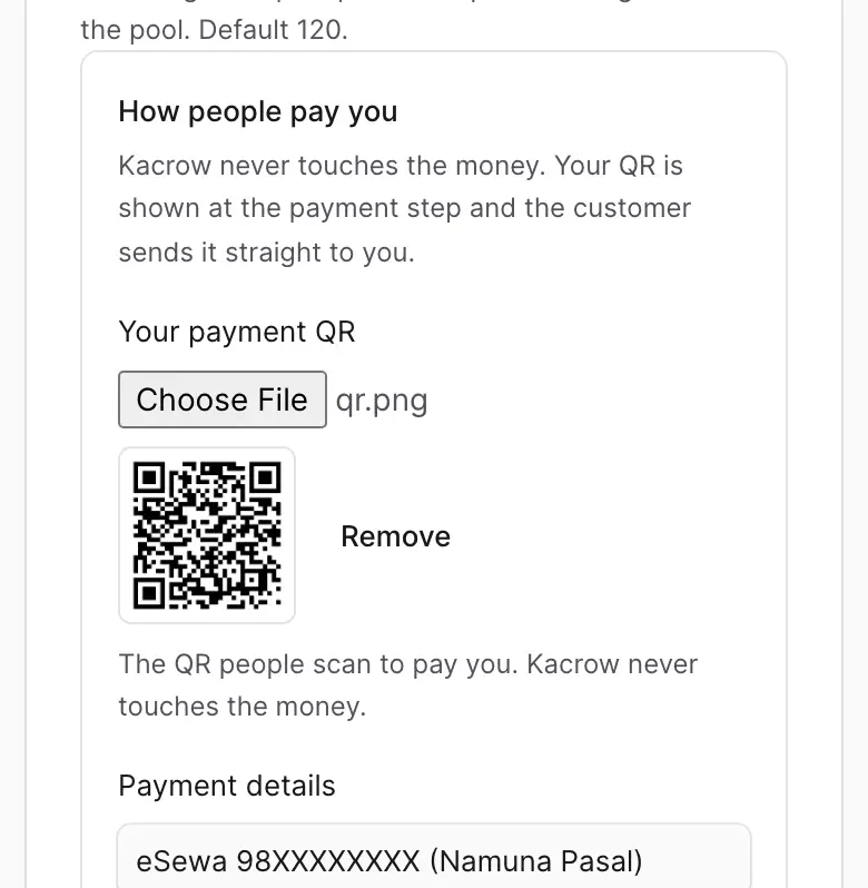 The How people pay you part of the form, with a payment QR added and the payment details filled in.