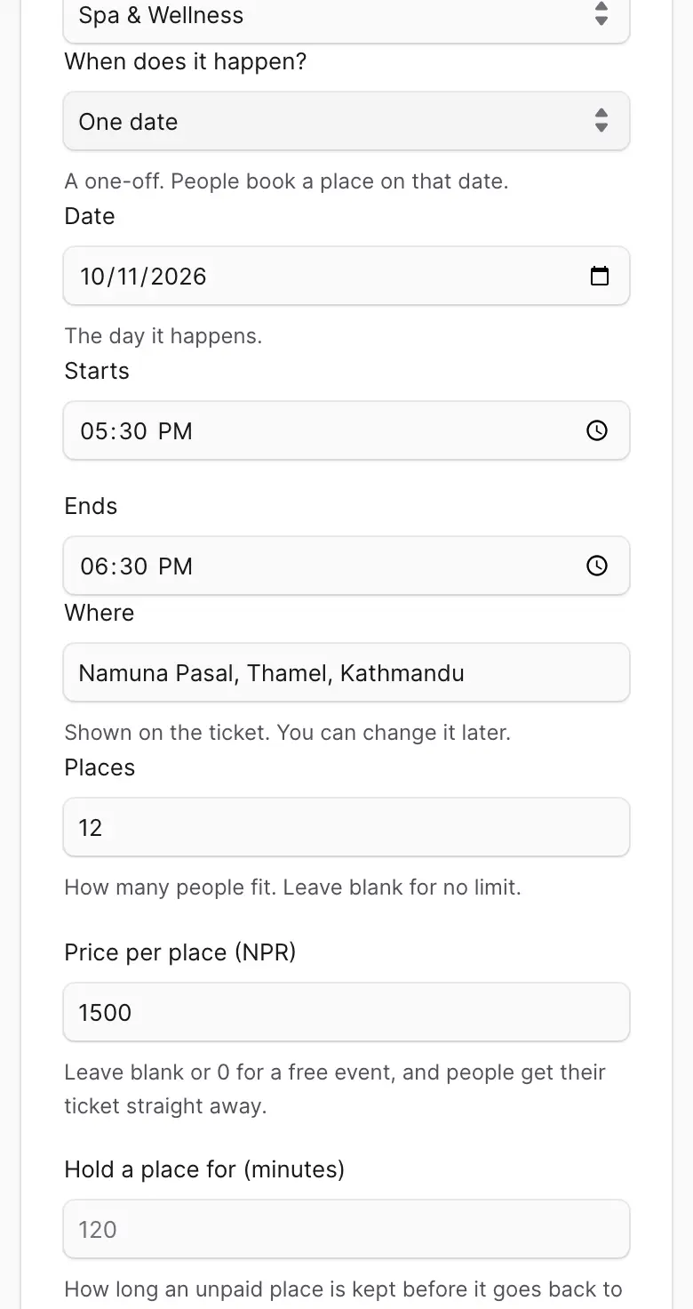 The event form with the date, Starts, Ends, Where, Places and Price per place filled in.