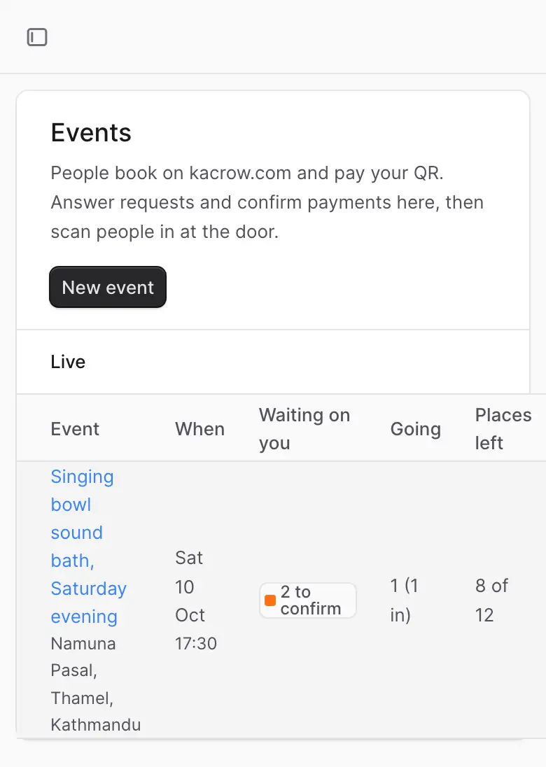The Events list. Under Waiting on you, the event shows 2 to confirm.