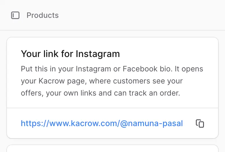 The box Your link for Instagram on the My offers page, with the link and a copy button.