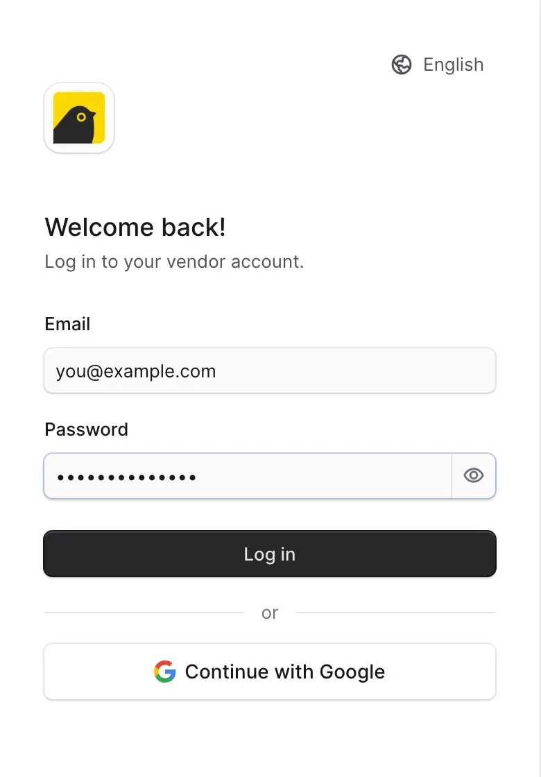 The sign in page of the seller portal, with Email, Password, Log in and Continue with Google.