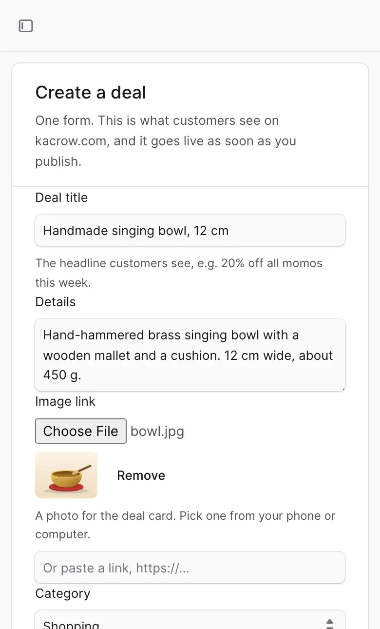 The form filled in for a product: the name of the product, details, a photo and the category.