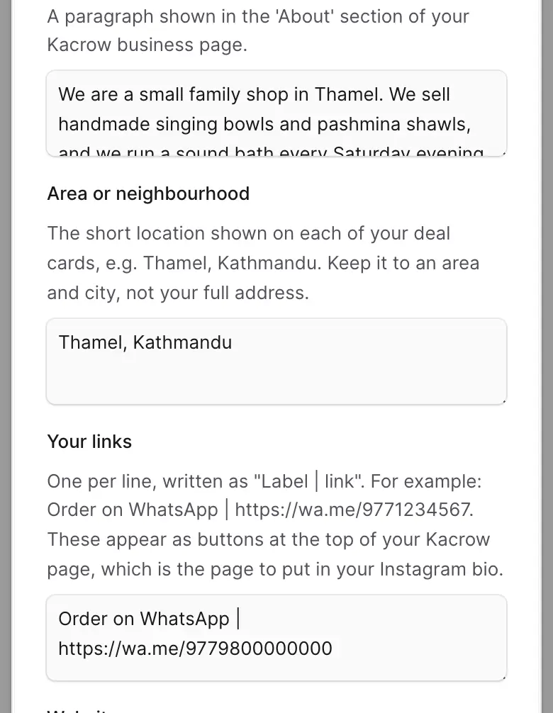 The boxes About your store, Area or neighbourhood and Your links, filled in for a sample shop.