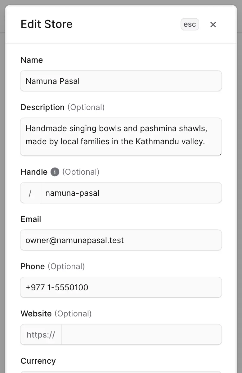 The top of the Edit Store form, with Name, Description, Handle, Email, Phone and Website.