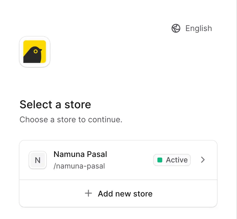 The Select a store page showing one store, Namuna Pasal.