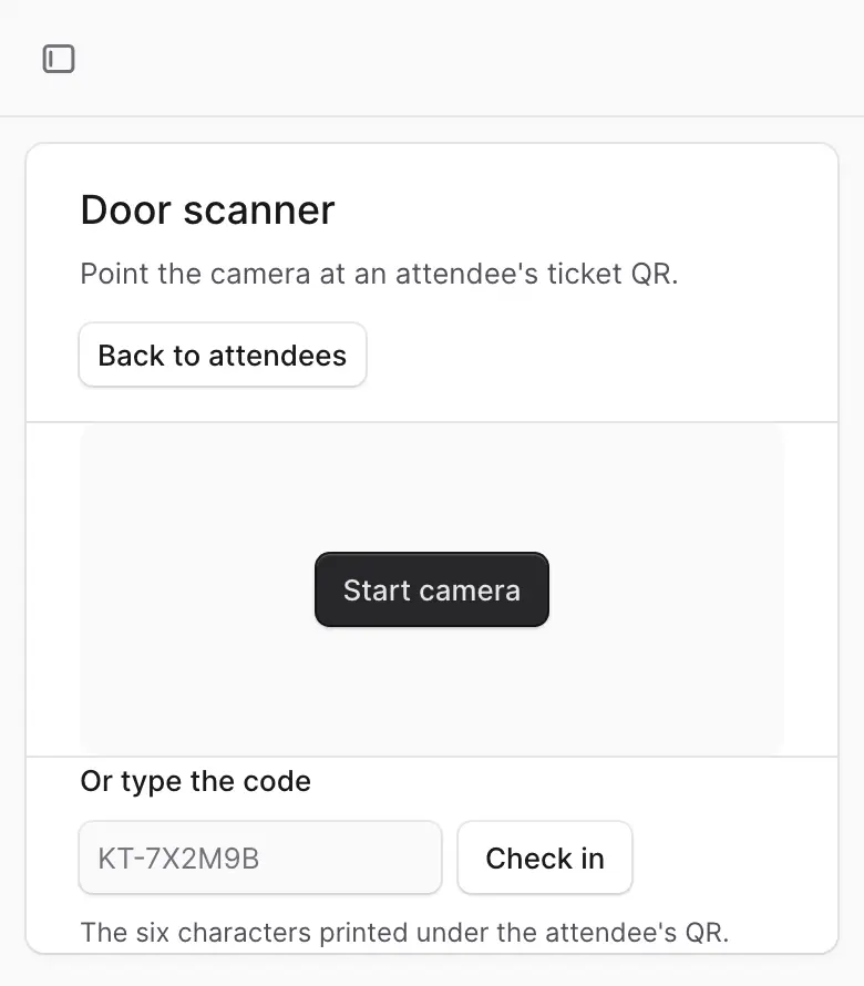 The Door scanner page with the Start camera button and the Or type the code box.